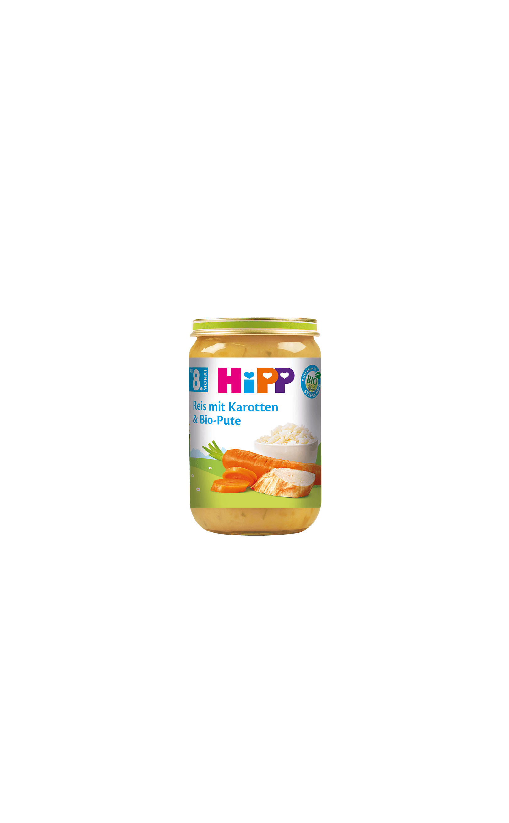 HiPP Bio-Gläschen Reis mit Karotten und Bio-Pute ab dem 8. Monat vor weißem Hintergrund