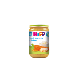 HiPP Bio-Gläschen Reis mit Karotten und Bio-Pute ab dem 8. Monat vor weißem Hintergrund
