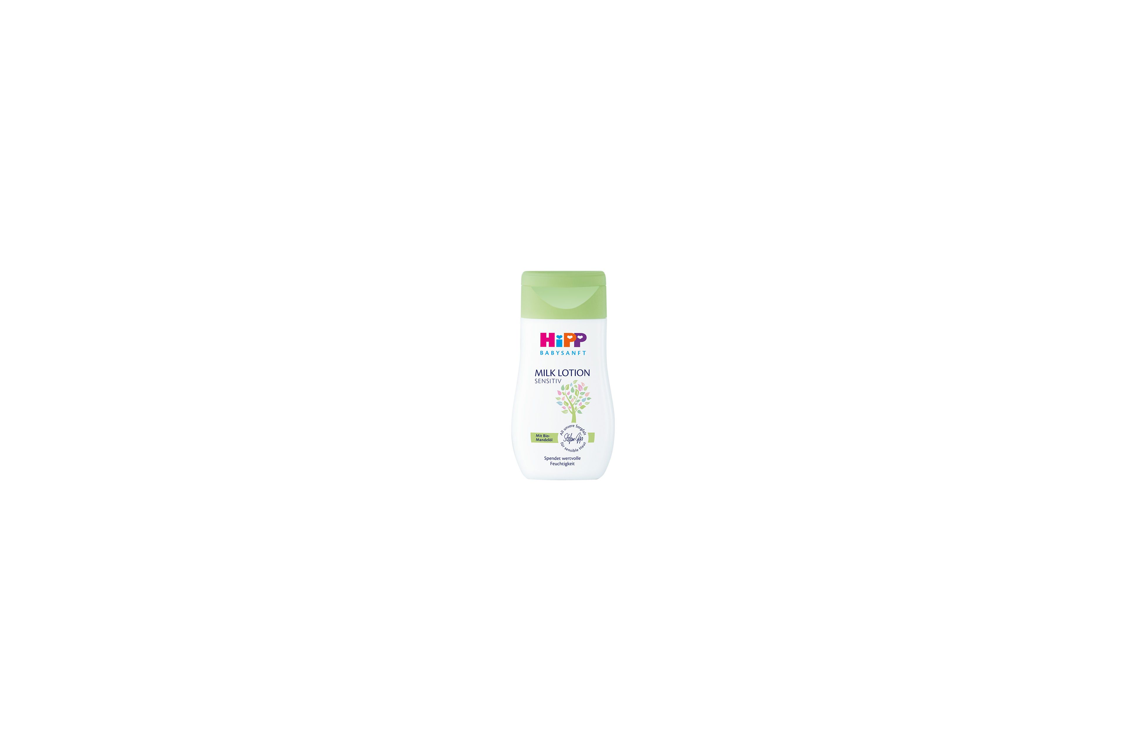 HiPP Babysanft Milk Lotion Sensitiv in Mini-Größe mit grünem Deckel auf weißem Hintergrund