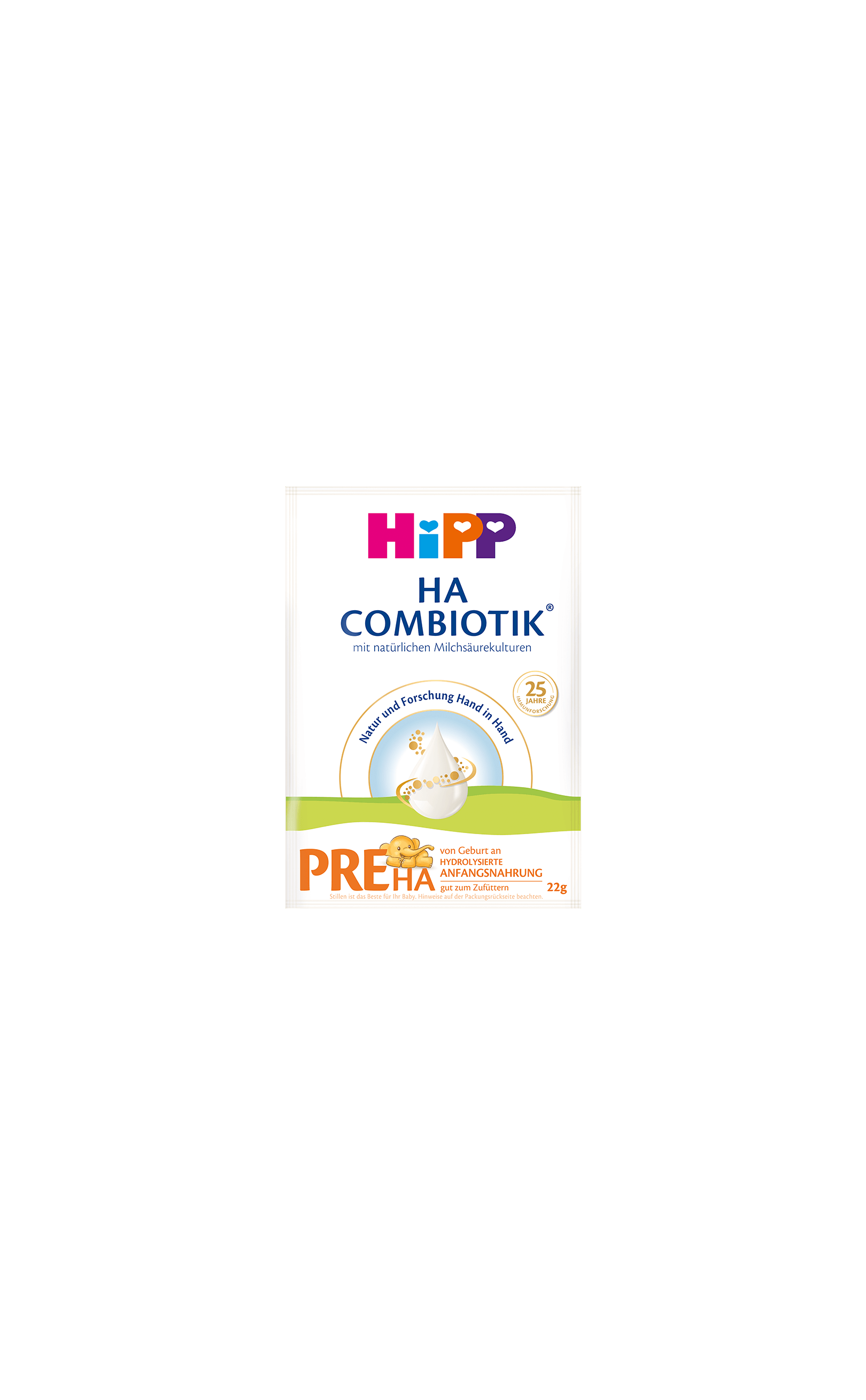 HiPP PRE HA Combiotik Portionsbeutel, einzelne 22g Packung hypoallergene Anfangsnahrung auf weiß-grünem Design mit Babybär