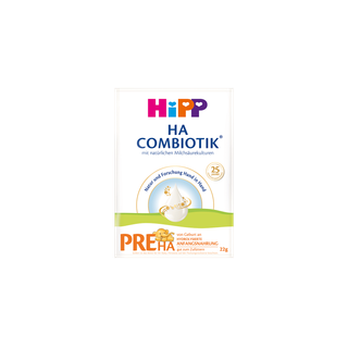 HiPP PRE HA Combiotik Portionsbeutel, einzelne 22g Packung hypoallergene Anfangsnahrung auf weiß-grünem Design mit Babybär