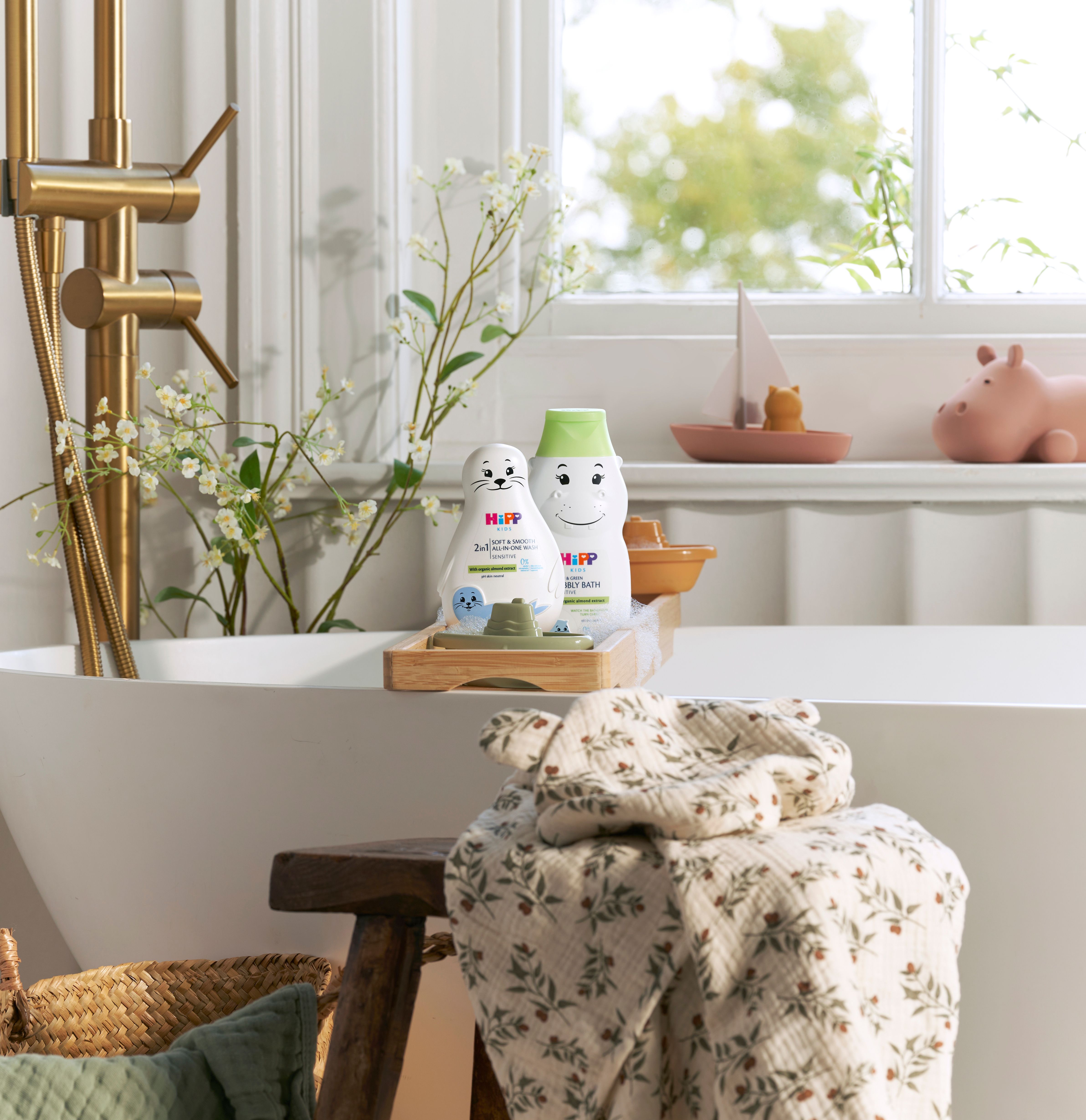 HiPP Kids Hippo and Seal on shelf on a bath tub
