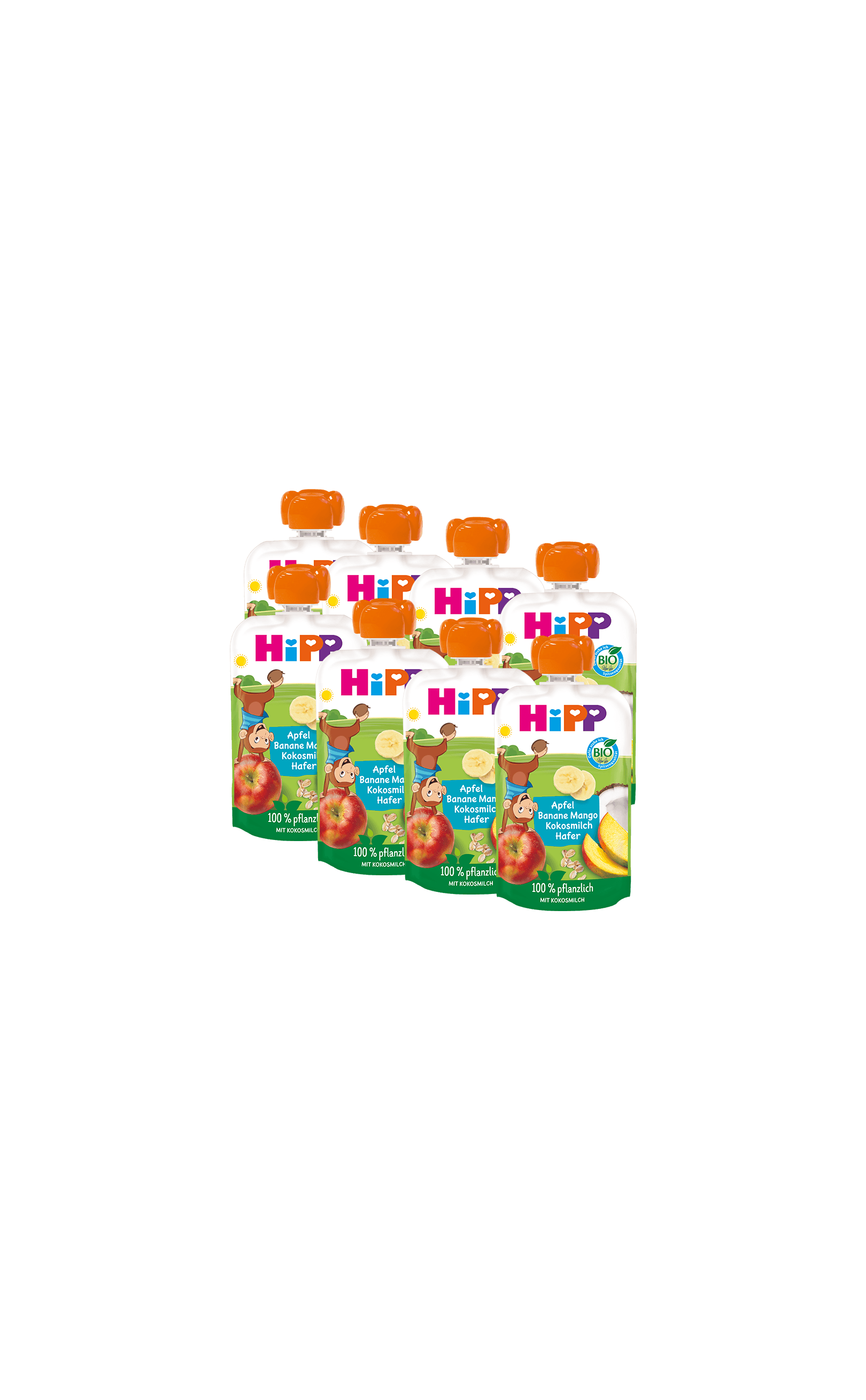 Acht HiPP Bio-Quetschbeutel Apfel-Banane-Mango mit Kokosmilch und Hafer im Vorratspack 8x100g vor schwarzem Hintergrund