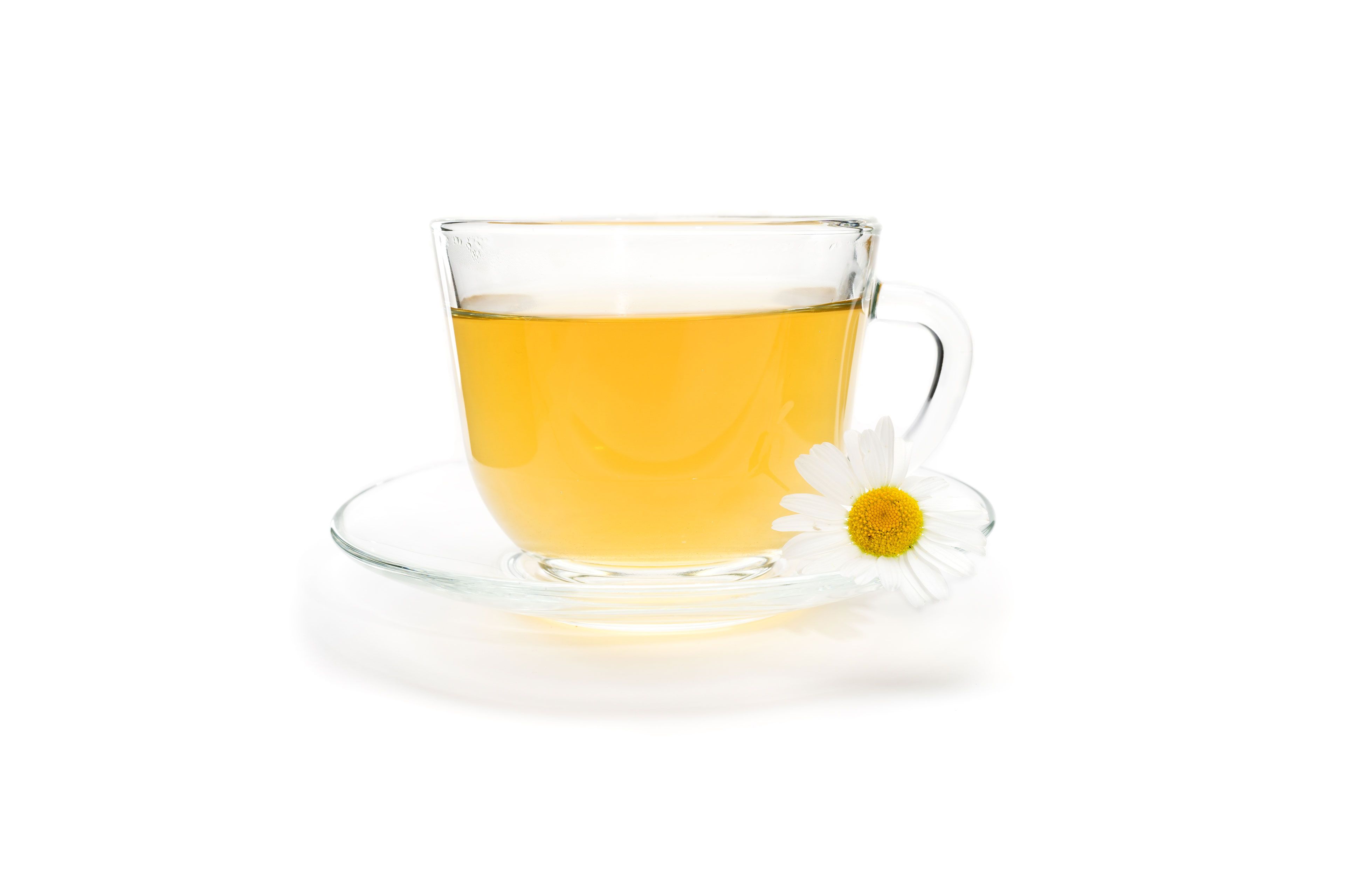 Ein klarer Glasbecher, gefüllt mit einer gelblichen Flüssigkeit, begleitet von einer weißen Gänseblümchenblüte.