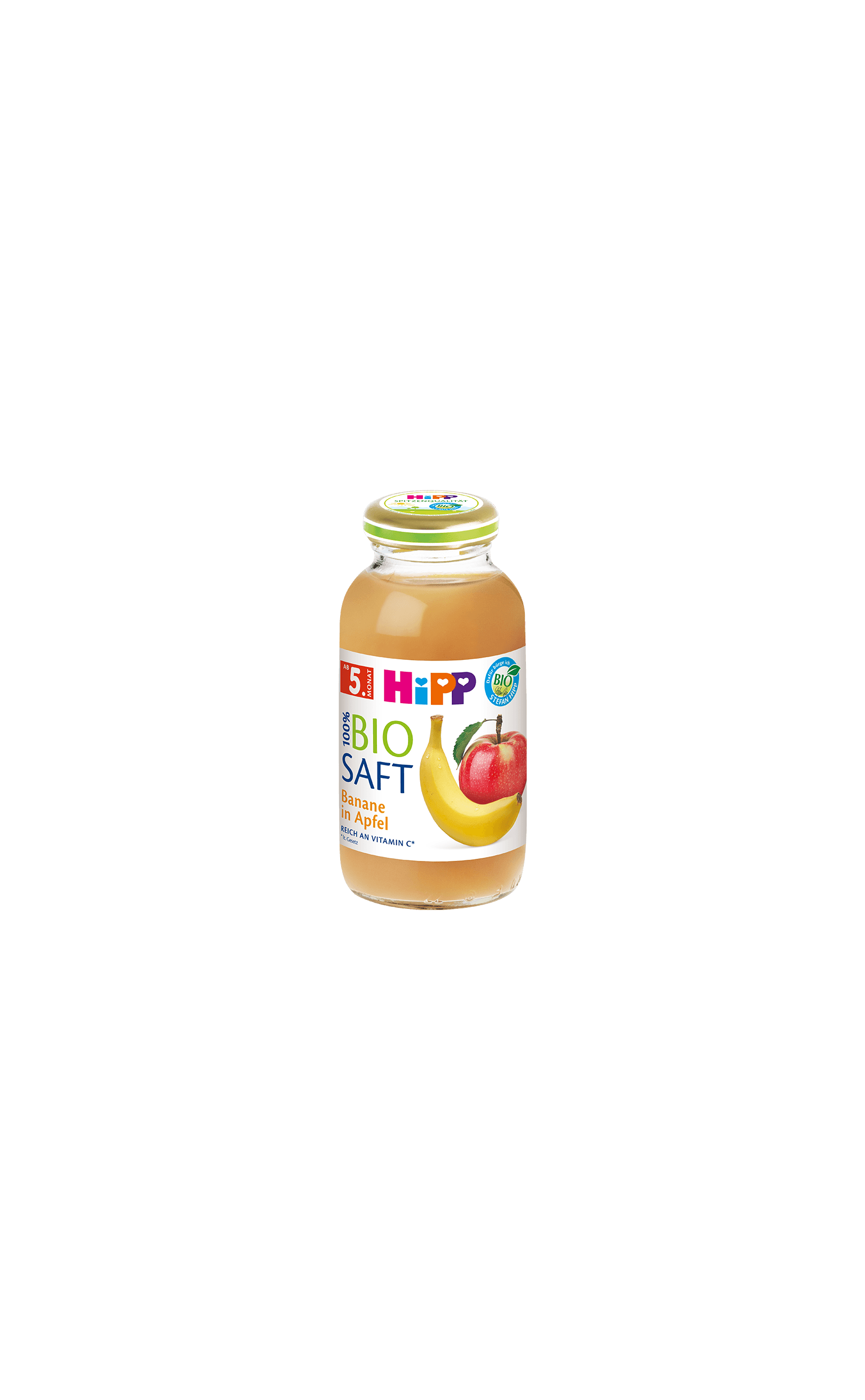 HiPP 100% Bio-Saft Banane in Apfel im Glas mit Etikett und Fruchtmotiven auf weißem Hintergrund