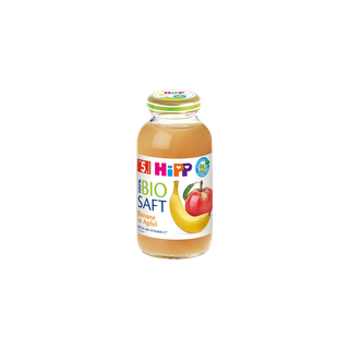 HiPP 100% Bio-Saft Banane in Apfel im Glas mit Etikett und Fruchtmotiven auf weißem Hintergrund