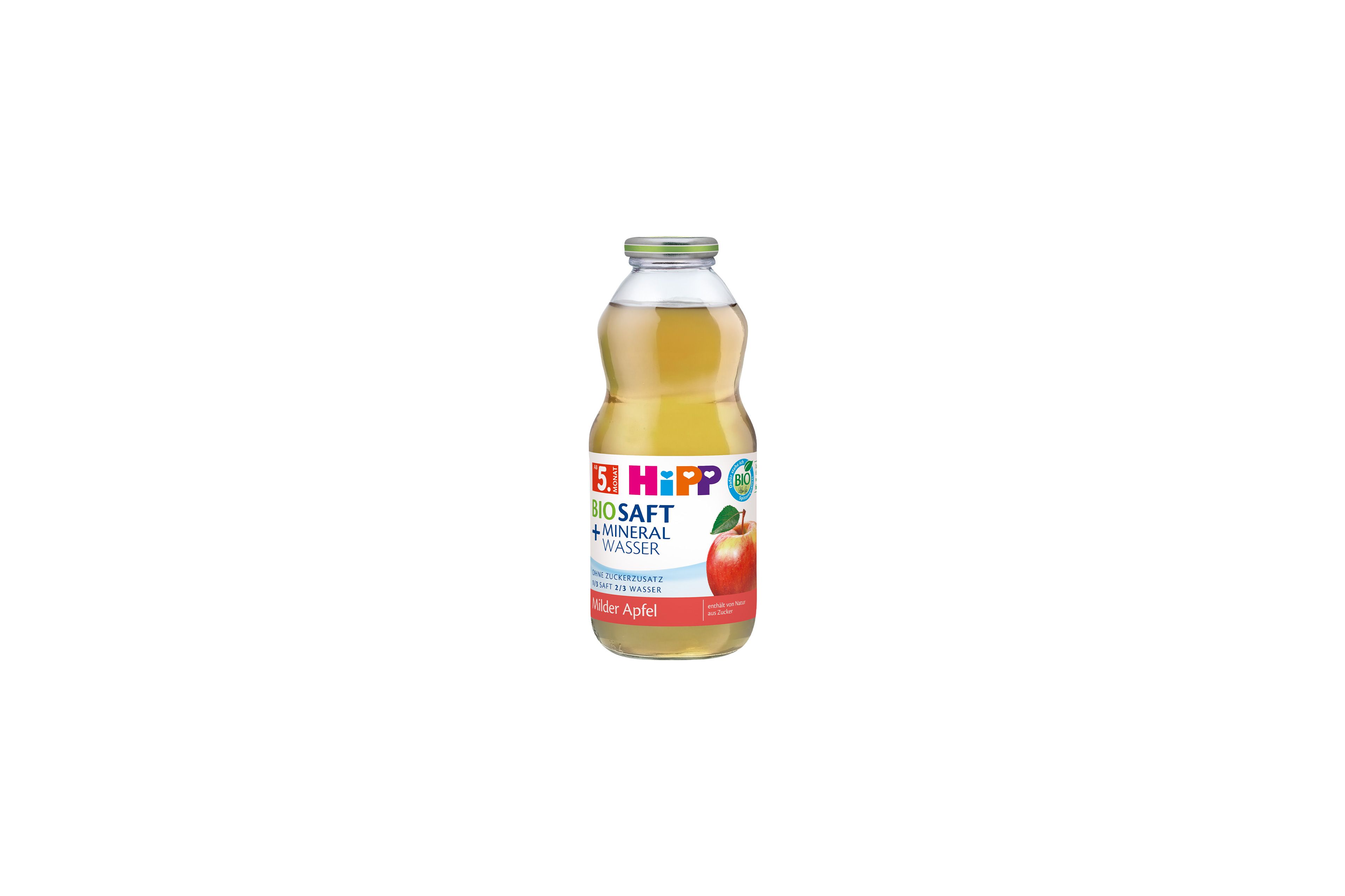 HiPP Bio-Saft & Mineralwasser Milder Apfel in Glasflasche mit Apfelmotiv auf weißem Hintergrund