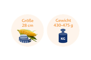 Ein Maiskolben neben einer blauen Waage, auf der die Höhe des Mais mit 28 cm und sein Gewicht mit 430-475 g angegeben ist.