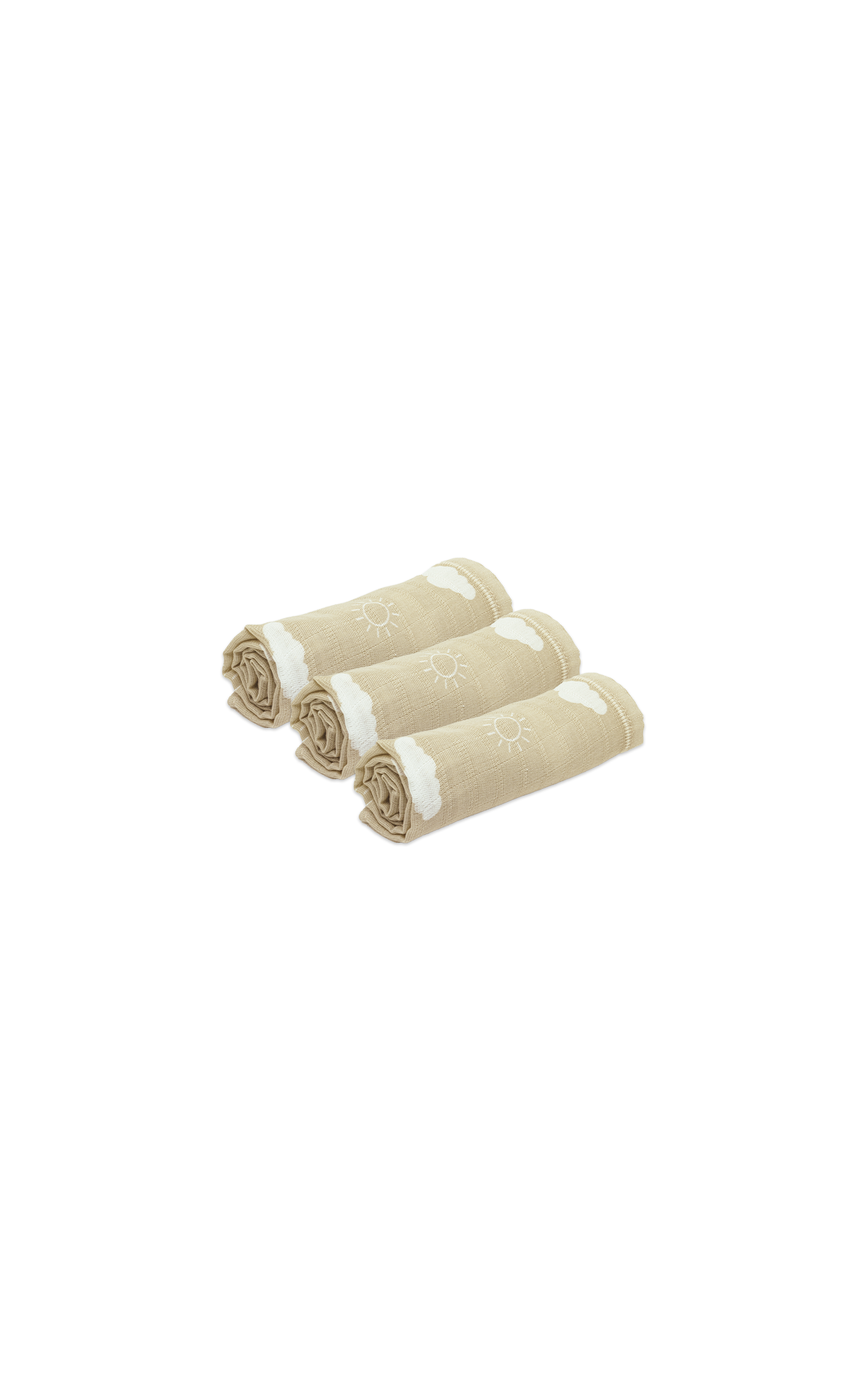 3 beige, gerollte Baby-Tücher aus 100 % Bio-Baumwolle (50x50 cm) mit eingewebtem Sonnenmotiv, nebeneinander liegend