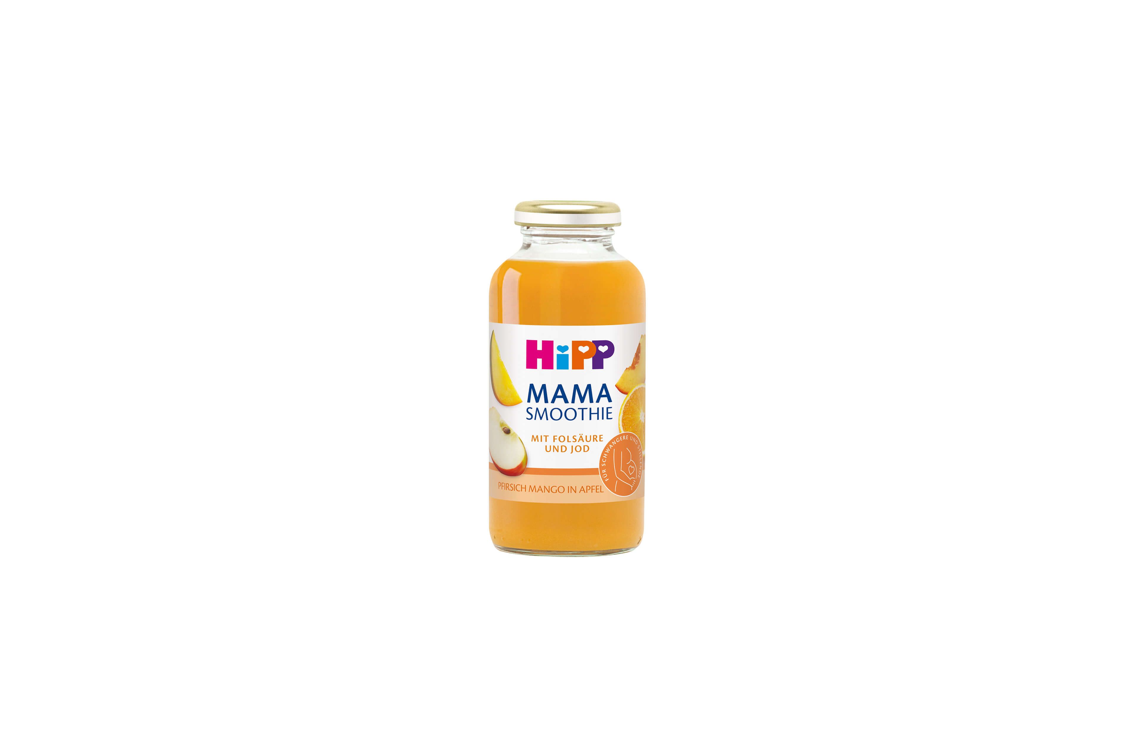 HiPP Mama Smoothie Pfirsich Mango in Apfel in Glasflasche mit Fruchtmotiven auf weißem Hintergrund