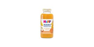 HiPP Mama Smoothie Pfirsich Mango in Apfel in Glasflasche mit Fruchtmotiven auf weißem Hintergrund