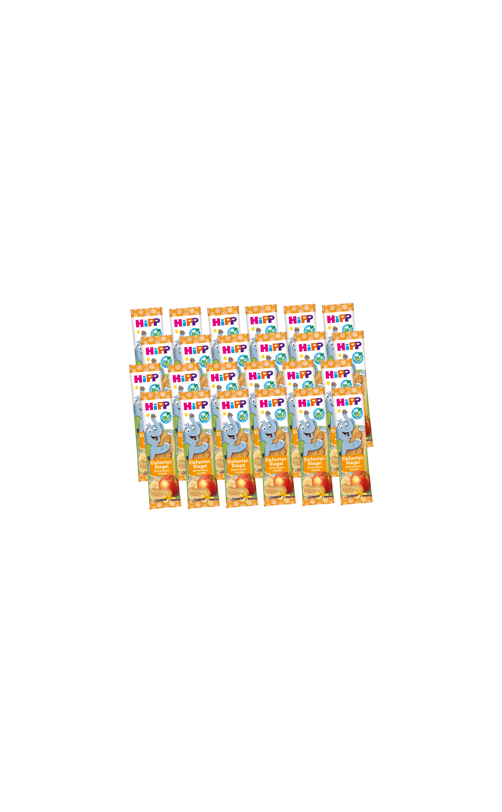 24er-Pack HiPP Bio Elefanten-Riegel Apfel für Kinder, Riegel nebeneinander vor schwarzem Hintergrund