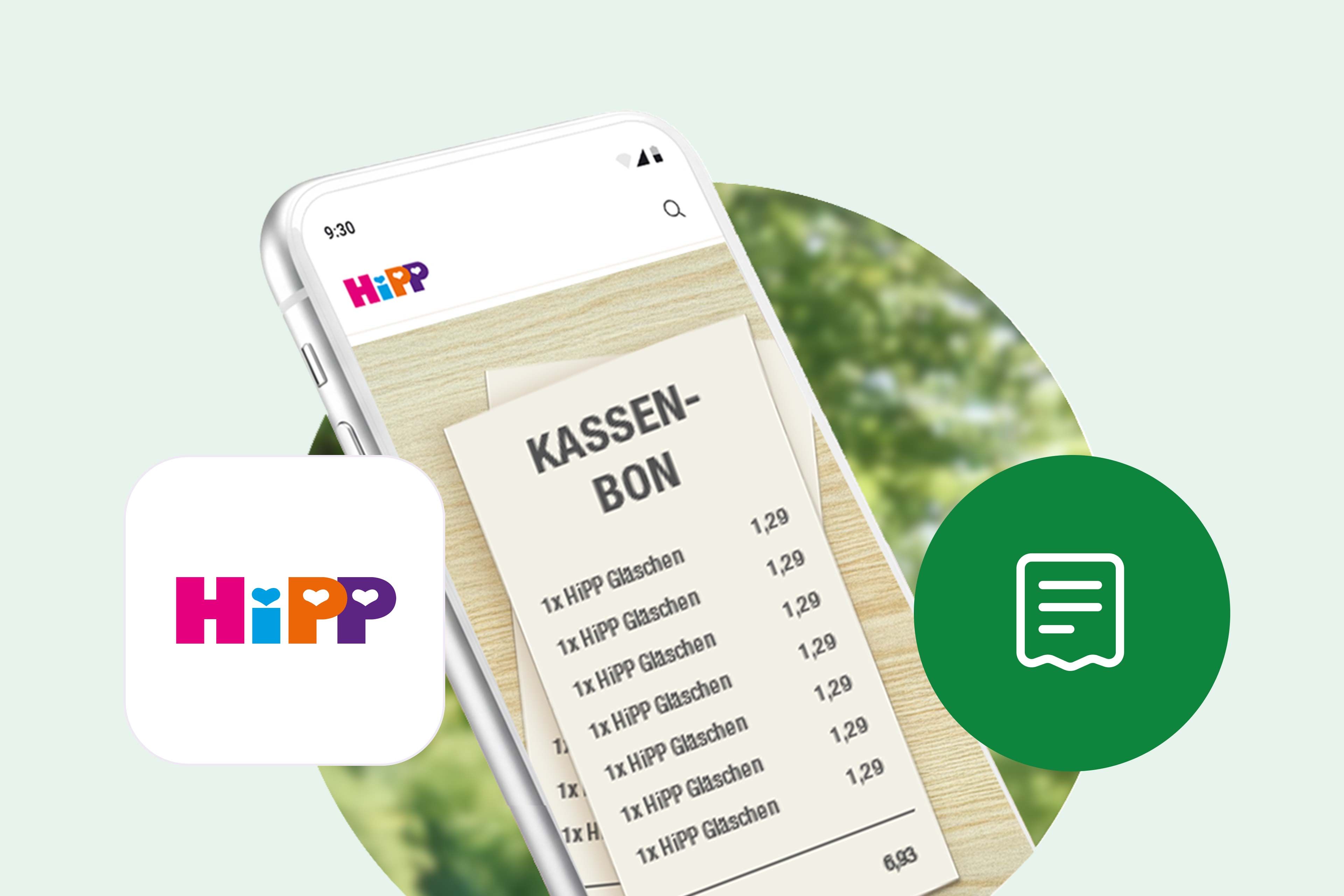 Smartphone mit Kassenzettel auf dem Bildschirm und HiPP-Logo daneben