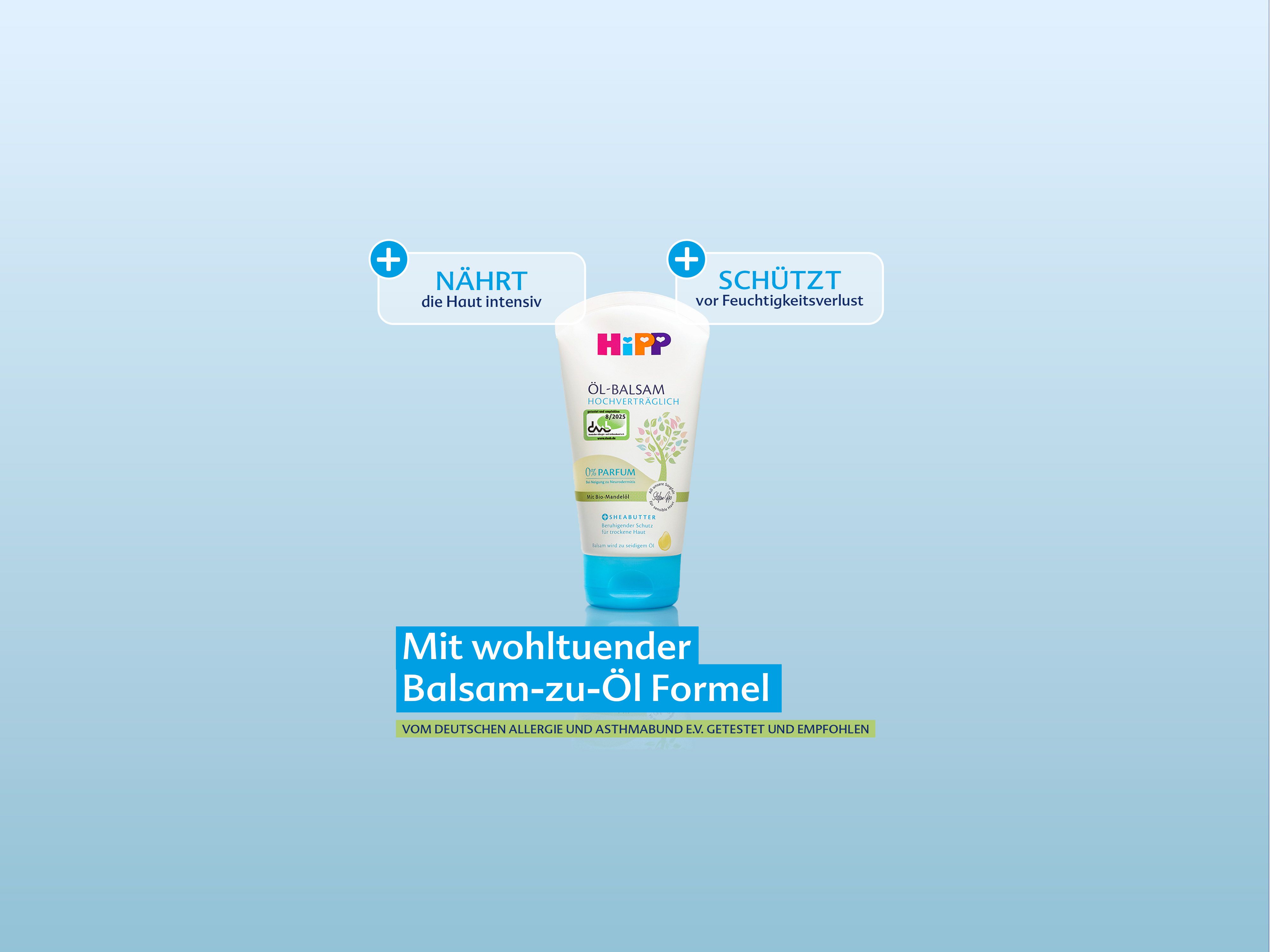 HiPP HOCHVERTRÄGLICH Öl-Balsam Tube vor blauem Hintergrund mit Claims: nährt intensiv, schützt vor Feuchtigkeitsverlust, Balsam-zu-Öl Formel