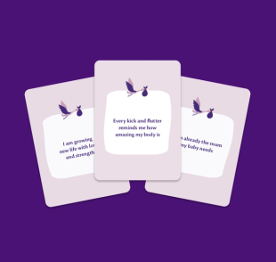 Three pastel affirmation cards for pregnancy on a purple background, each with a flying stork illustration and calming supportive messages.