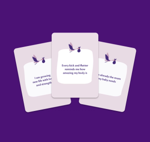 Three pastel affirmation cards for pregnancy on a purple background, each with a flying stork illustration and calming supportive messages.