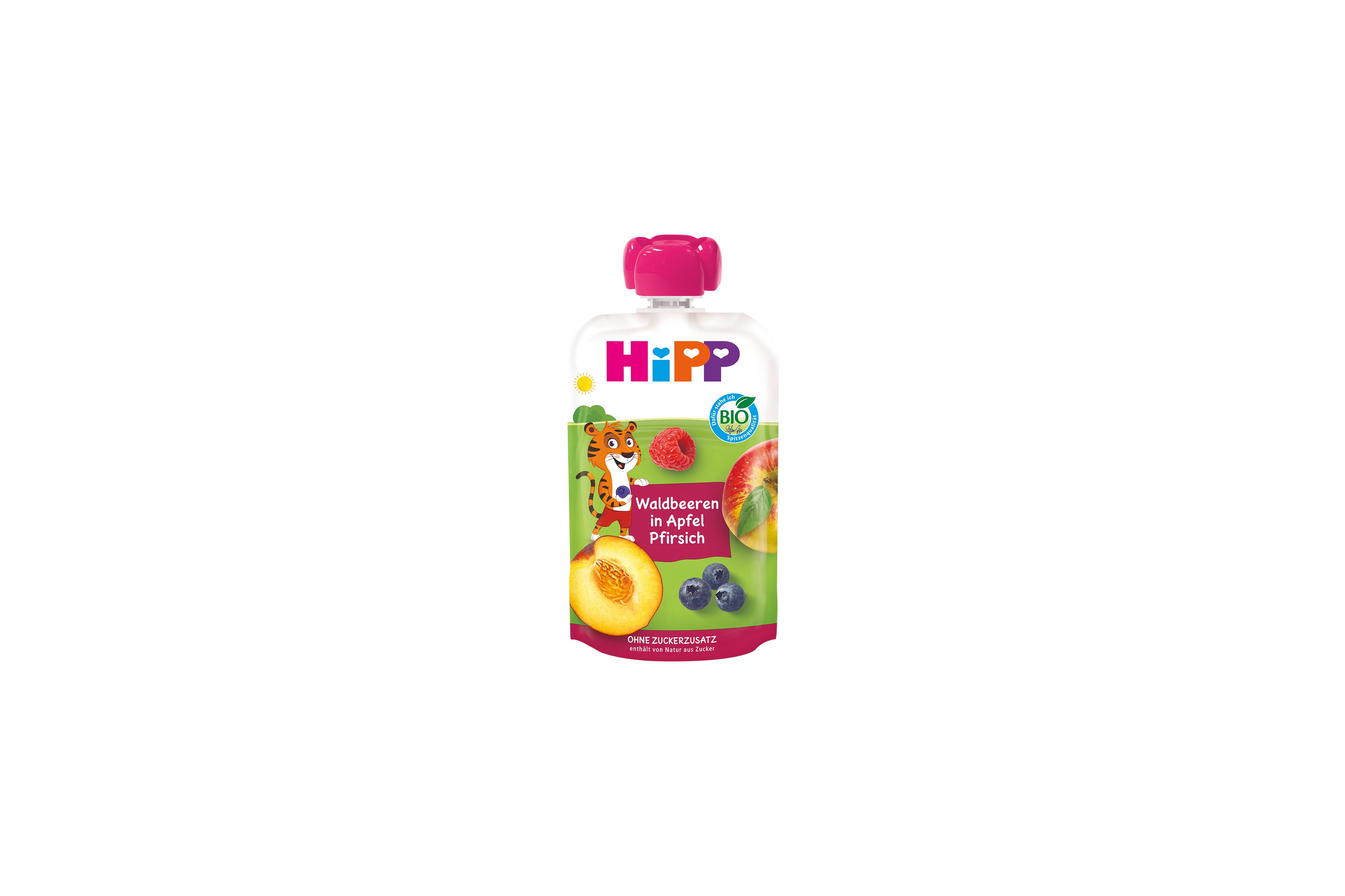HiPP Bio-Quetschbeutel Waldbeeren in Apfel Pfirsich, 100% Fruchtpüree ohne Zuckerzusatz, bunter Beutel mit Tiger-Motiv