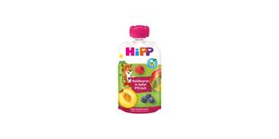 HiPP Bio-Quetschbeutel Waldbeeren in Apfel Pfirsich, 100% Fruchtpüree ohne Zuckerzusatz, bunter Beutel mit Tiger-Motiv