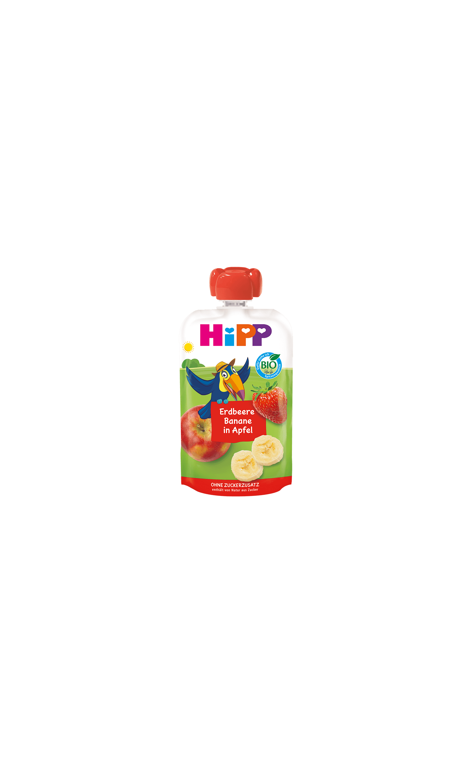 HiPP Bio-Quetschbeutel „Erdbeere Banane in Apfel“ mit Früchten und Tukan-Illustration auf der Verpackung