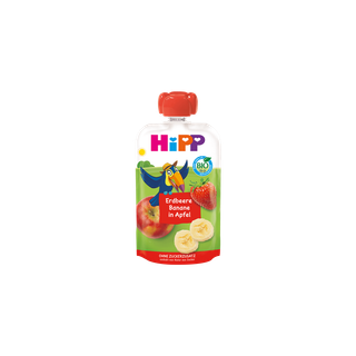 HiPP Bio-Quetschbeutel „Erdbeere Banane in Apfel“ mit Früchten und Tukan-Illustration auf der Verpackung