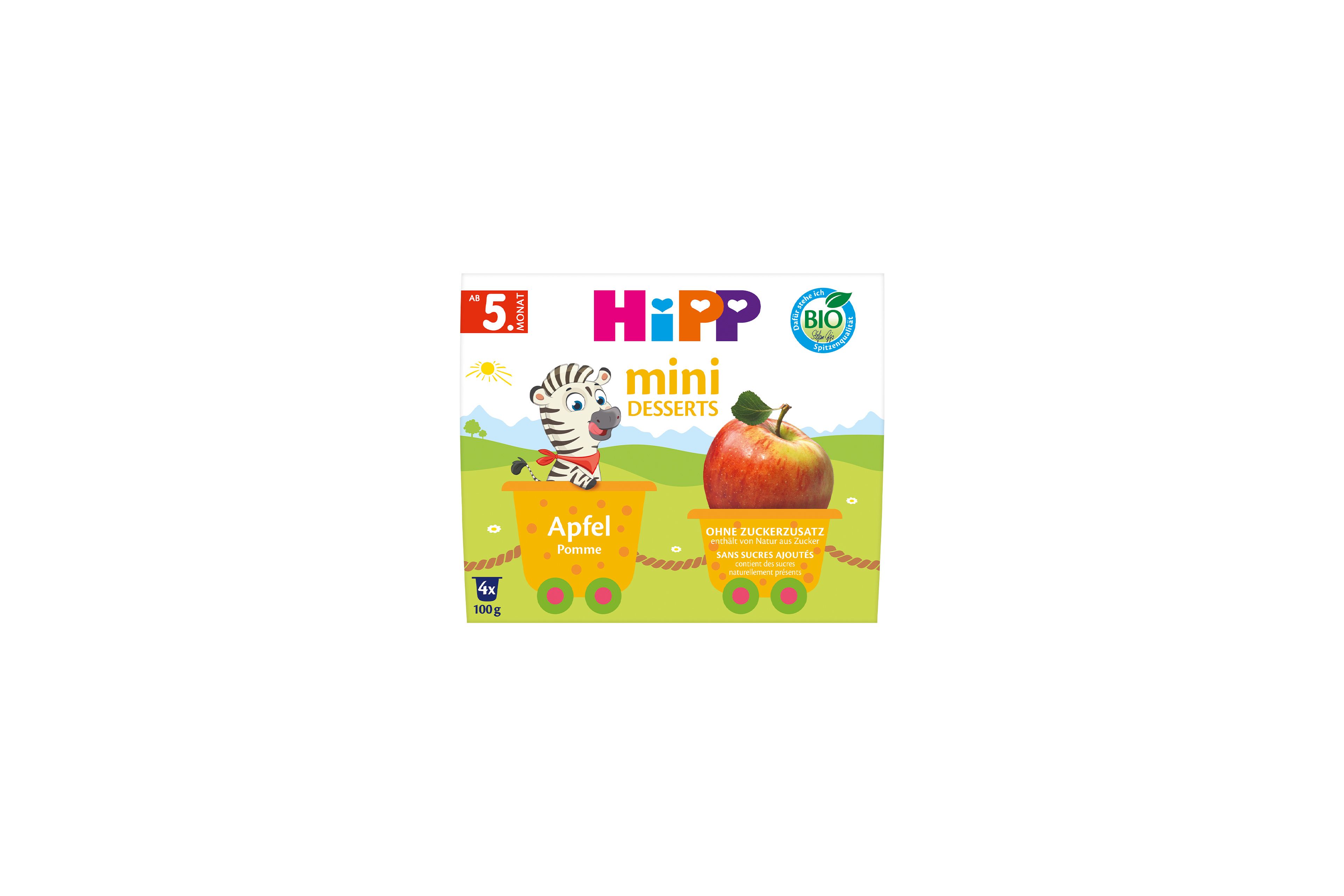 HiPP Bio Mini Desserts Apfel im 4x100g-Pack, bunte Verpackung mit Zebra-Illustration und großem Apfelmotiv ab dem 5. Monat