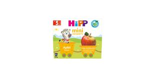 HiPP Bio Mini Desserts Apfel im 4x100g-Pack, bunte Verpackung mit Zebra-Illustration und großem Apfelmotiv ab dem 5. Monat