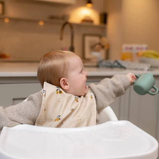 Visibly upset toddler in highchair