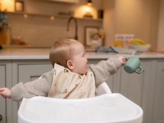 Visibly upset toddler in highchair