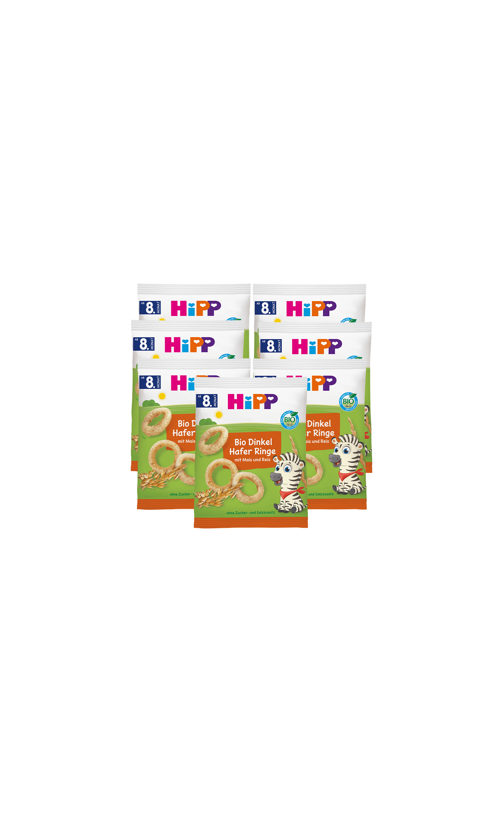 7er-Pack HiPP Bio Dinkel-Hafer-Ringe Snacks ab 8 Monaten mit Zebra-Motiv auf der Vorderseite