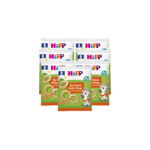 7er-Pack HiPP Bio Dinkel-Hafer-Ringe Snacks ab 8 Monaten mit Zebra-Motiv auf der Vorderseite