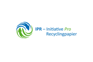 Logo der Initiative Pro Recyclingpapier mit blau-grünem Kreissymbol und Schriftzug „IPR – Initiative Pro Recyclingpapier“ auf schwarzem Hintergrund