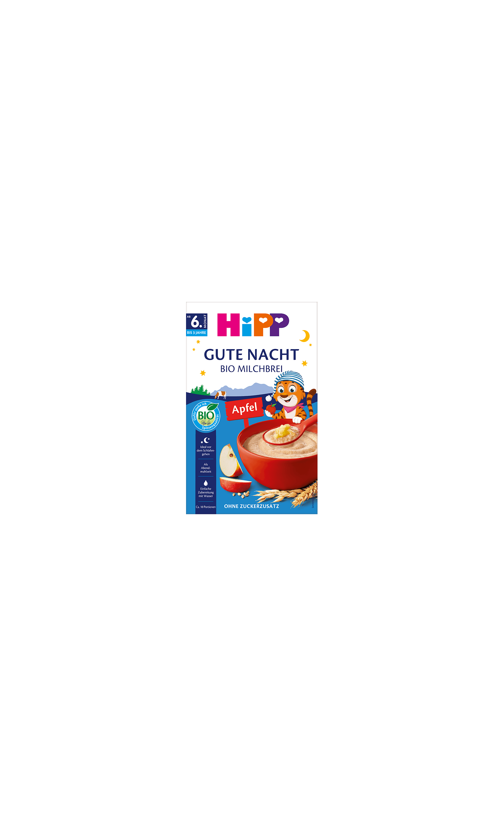 HiPP Gute Nacht Bio Milchbrei Apfel Packung mit roter Schale Brei, Apfelstücken und Getreideähren auf blauem Hintergrund