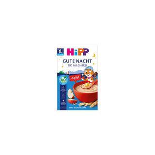 HiPP Gute Nacht Bio Milchbrei Apfel Packung mit roter Schale Brei, Apfelstücken und Getreideähren auf blauem Hintergrund