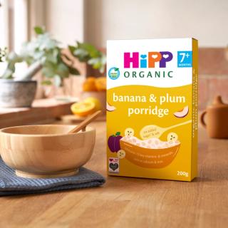 HiPP Organic Banana & Plum Porridge on a kitchen worktop