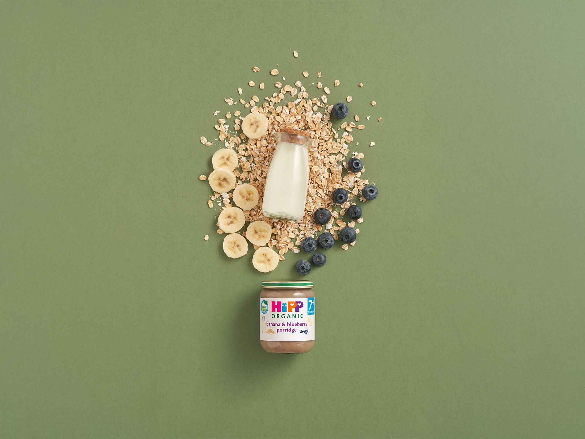 HiPP Organic Banana & Blueberry Porridge jar with milk, oats, banana slices and blueberries on a green background