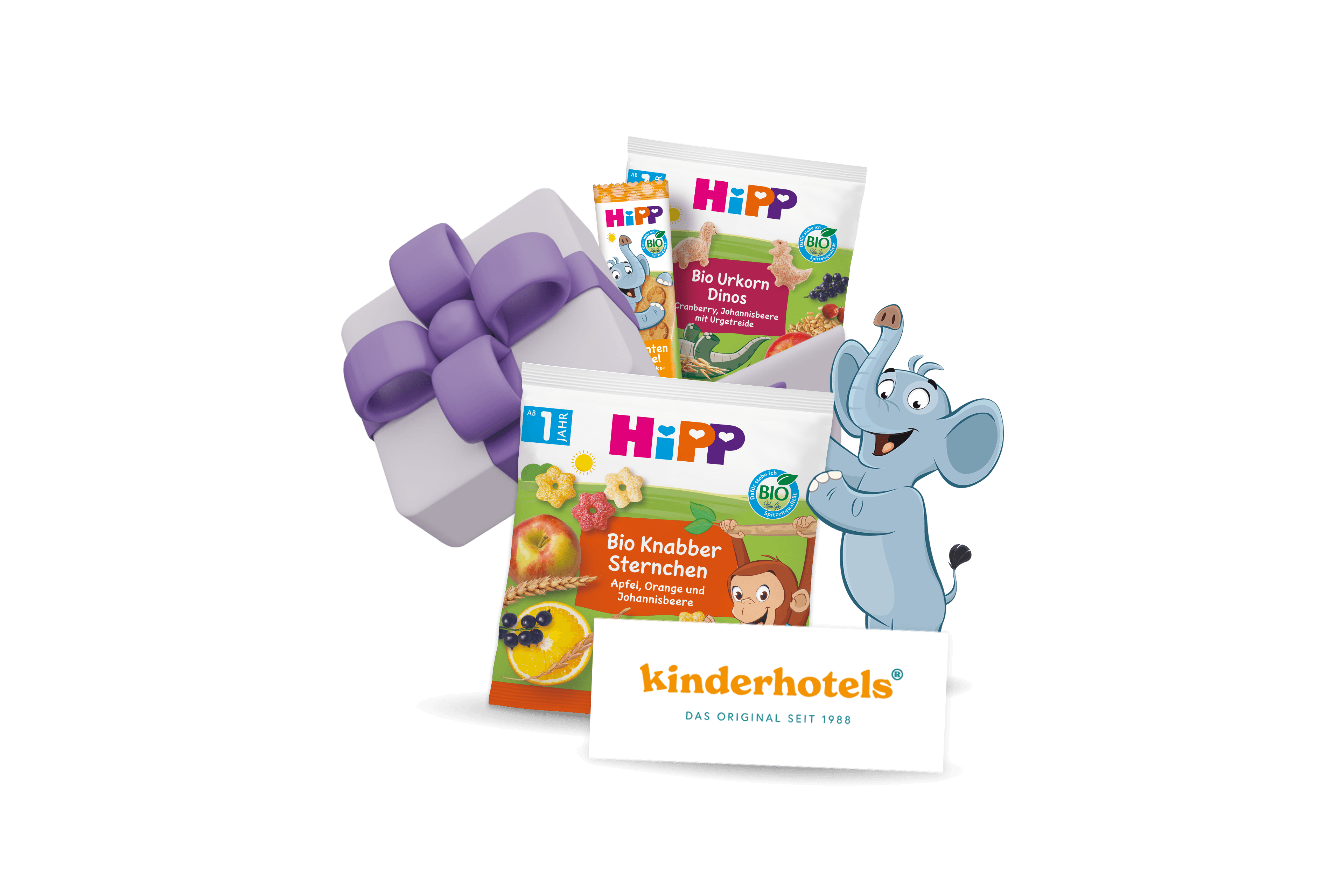Gewinnspielmotiv mit HiPP Bio-Snackpaket, Geschenkbox mit lila Schleife, Kinderhotels-Gutschein und fröhlichem Elefantenmaskottchen