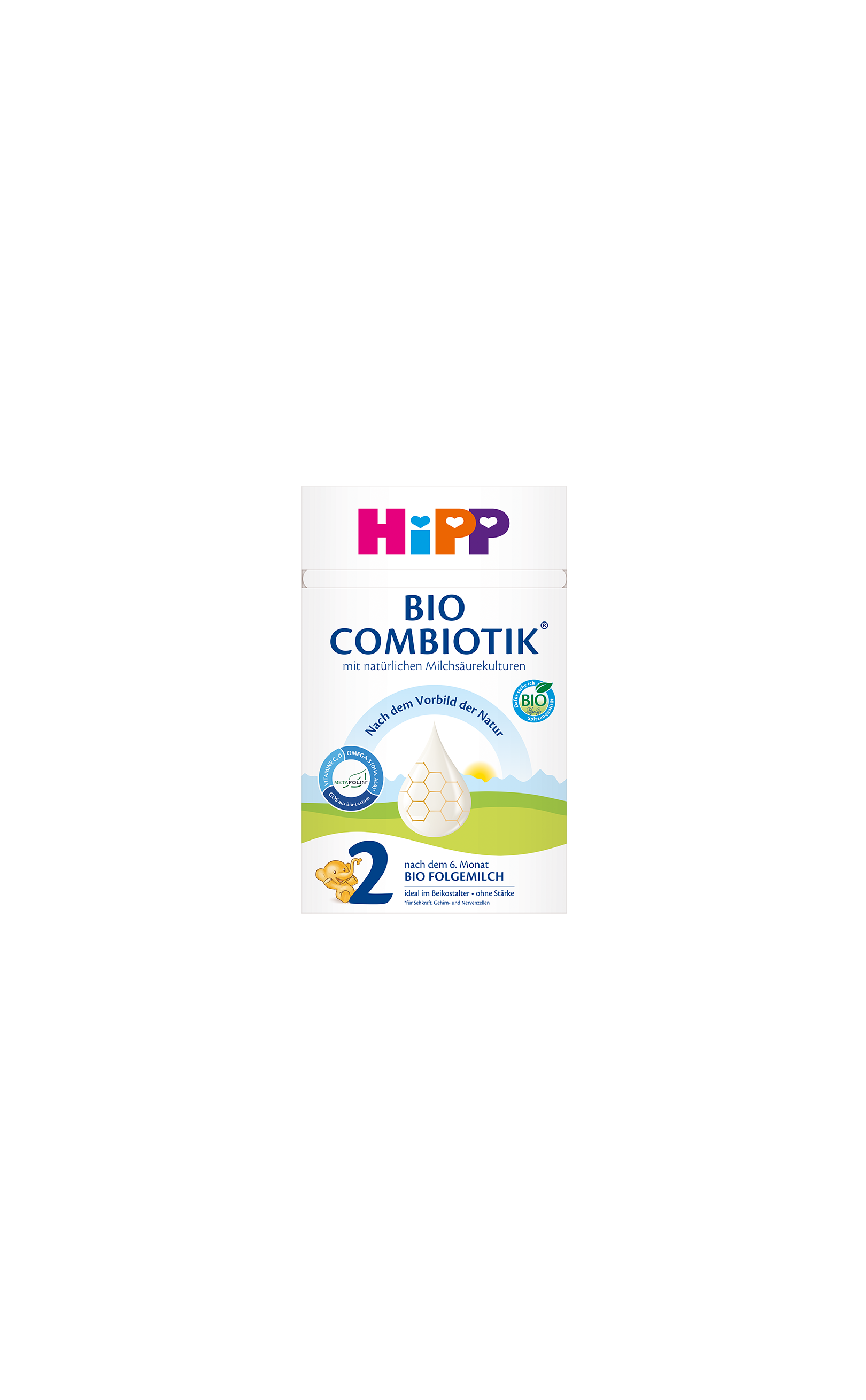 HiPP Bio Combiotik 2 Bio Folgemilch 600g Packung für Babys nach dem 6. Monat auf schwarzem Hintergrund