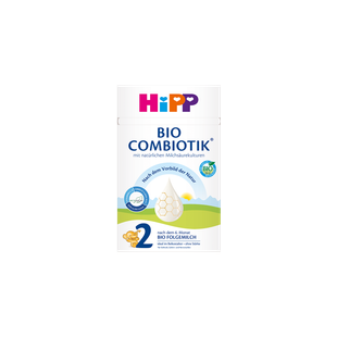 HiPP Bio Combiotik 2 Bio Folgemilch 600g Packung für Babys nach dem 6. Monat auf schwarzem Hintergrund