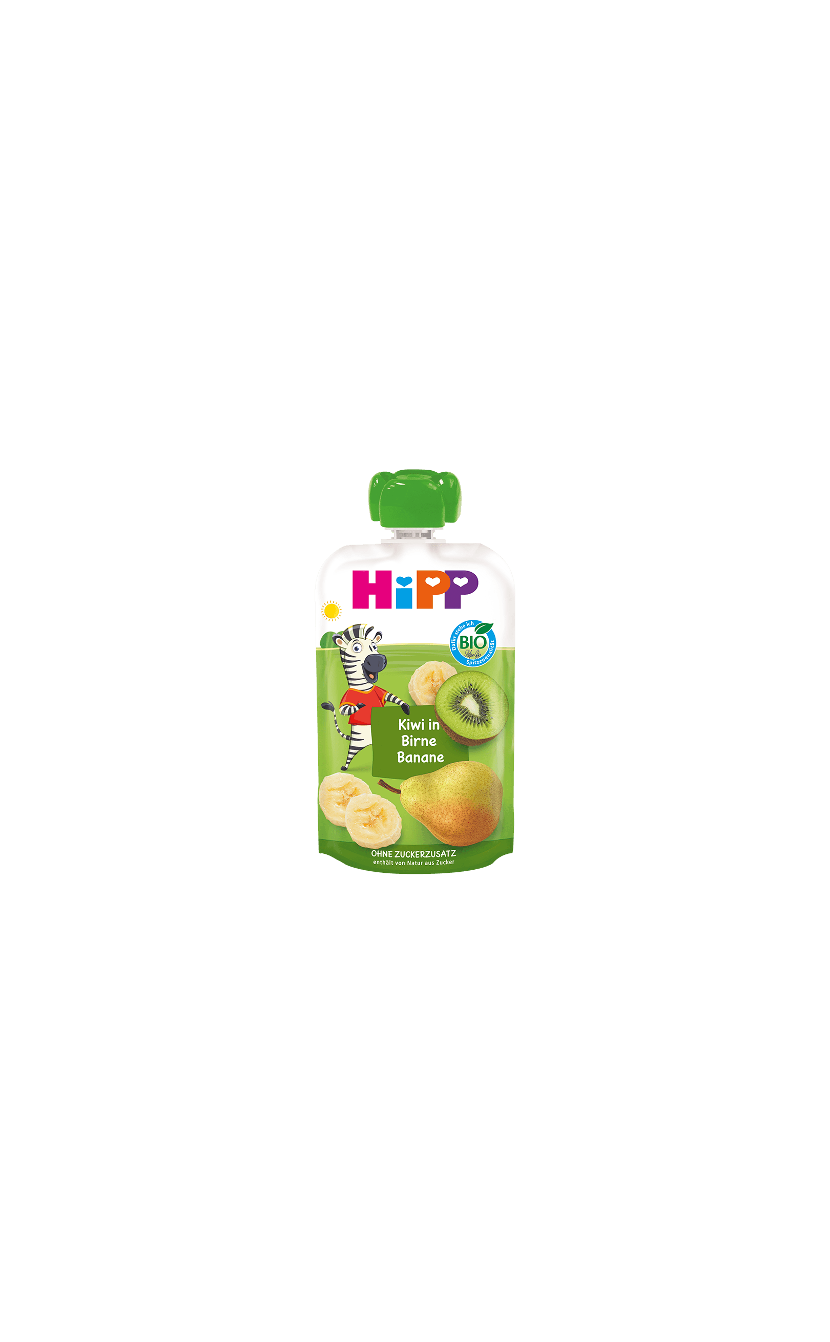 HiPP Bio-Quetschbeutel „Kiwi in Birne Banane“ mit Kiwi-, Birnen- und Bananenmotiv auf grünem Beutel mit Zebrafigur