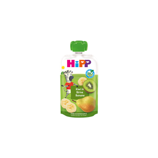 HiPP Bio-Quetschbeutel „Kiwi in Birne Banane“ mit Kiwi-, Birnen- und Bananenmotiv auf grünem Beutel mit Zebrafigur