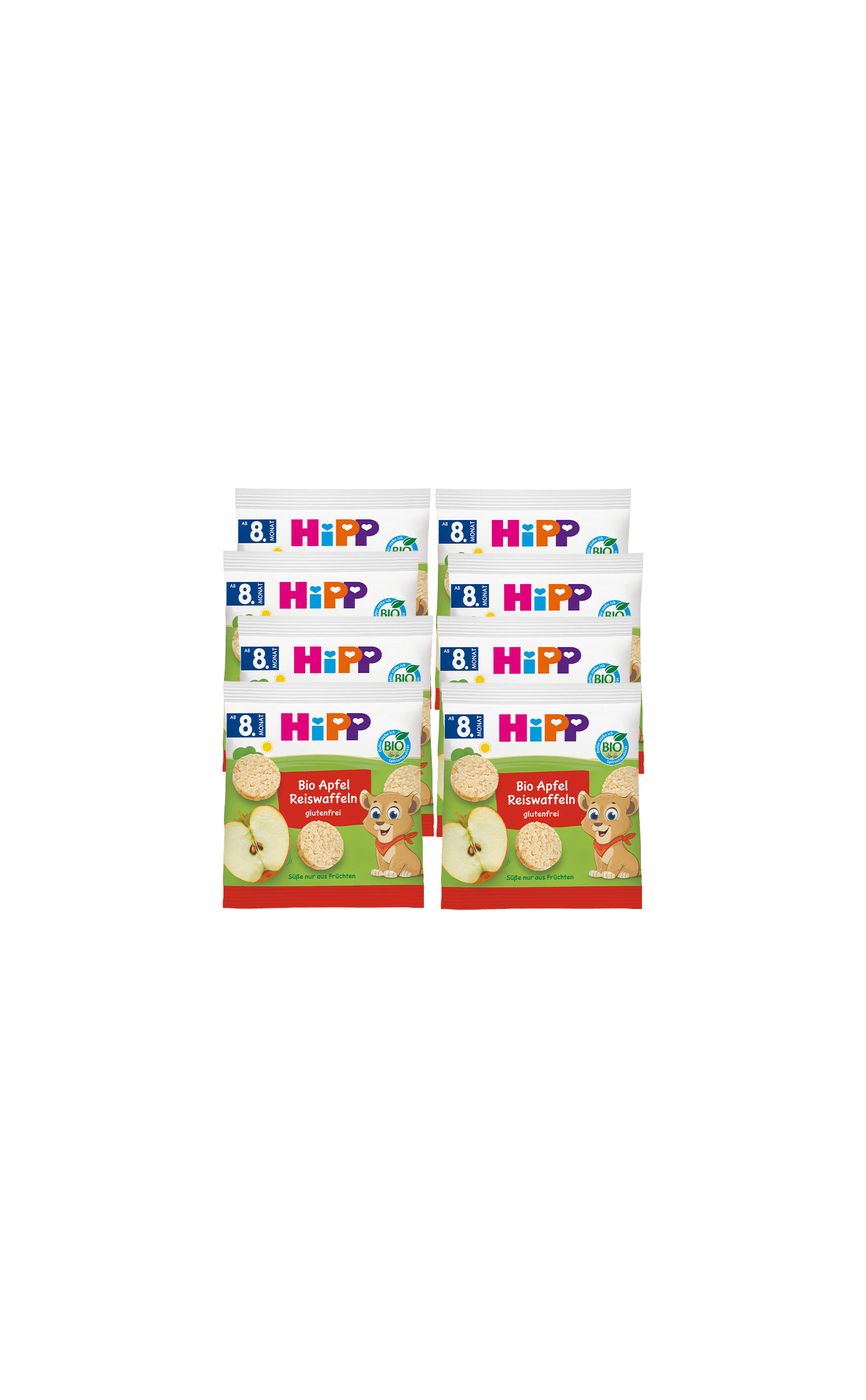8er Pack HiPP Bio Apfel Reiswaffeln für Babys ab 8 Monaten, glutenfrei, mit Apfelmotiv und Löwenfigur auf der Packung