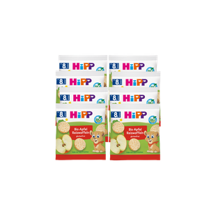 8er Pack HiPP Bio Apfel Reiswaffeln für Babys ab 8 Monaten, glutenfrei, mit Apfelmotiv und Löwenfigur auf der Packung