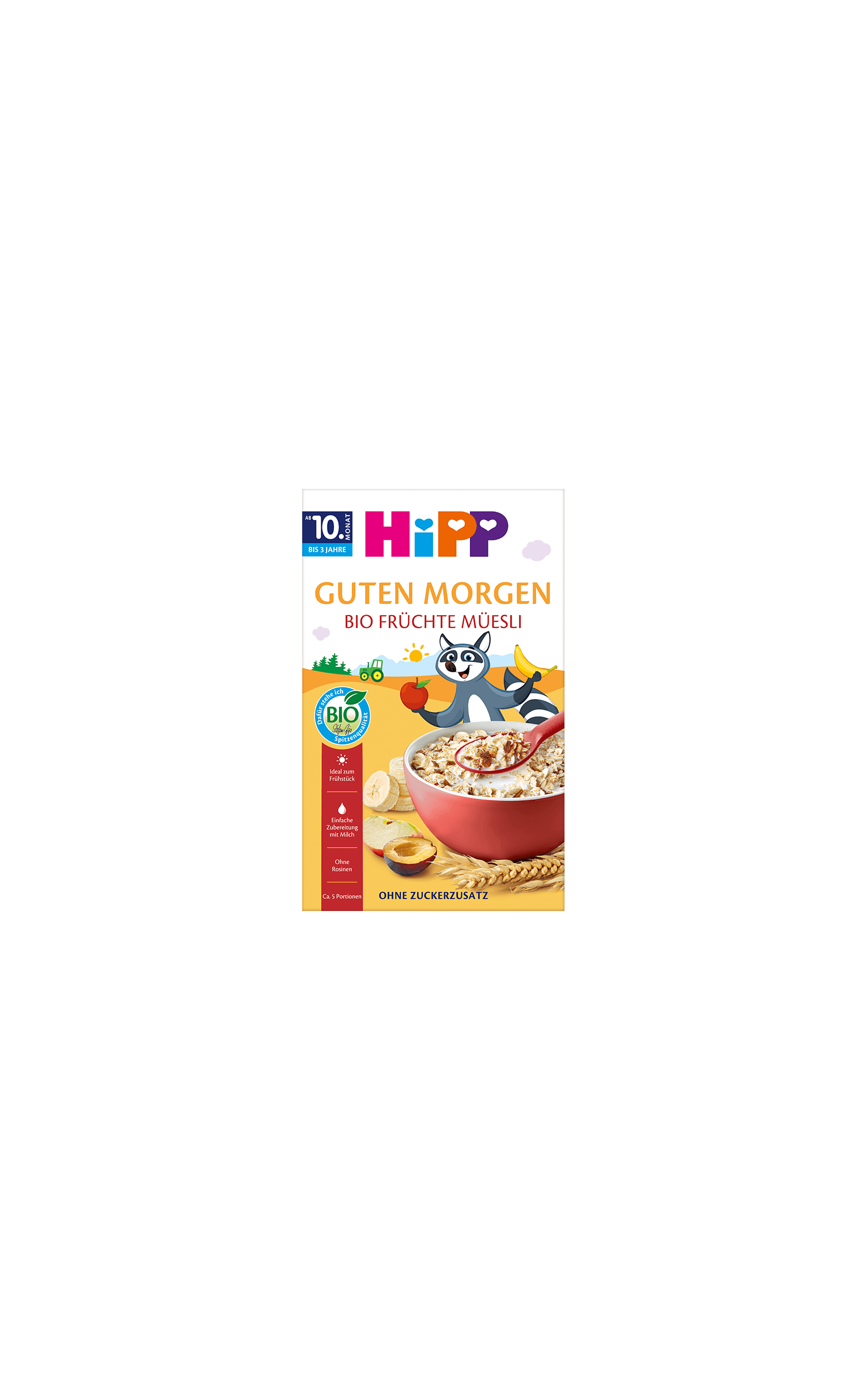 HiPP Guten Morgen Bio Früchte-Müesli Packung mit roter Müslischale, Obststücken und fröhlichem Waschbär-Maskottchen