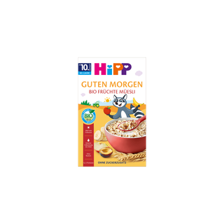 HiPP Guten Morgen Bio Früchte-Müesli Packung mit roter Müslischale, Obststücken und fröhlichem Waschbär-Maskottchen