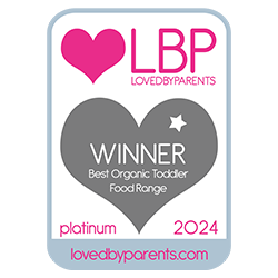 Loved by Parents 2024 platinum award badge reading ‘Winner – Best Organic Toddler Food Range’ with heart icons