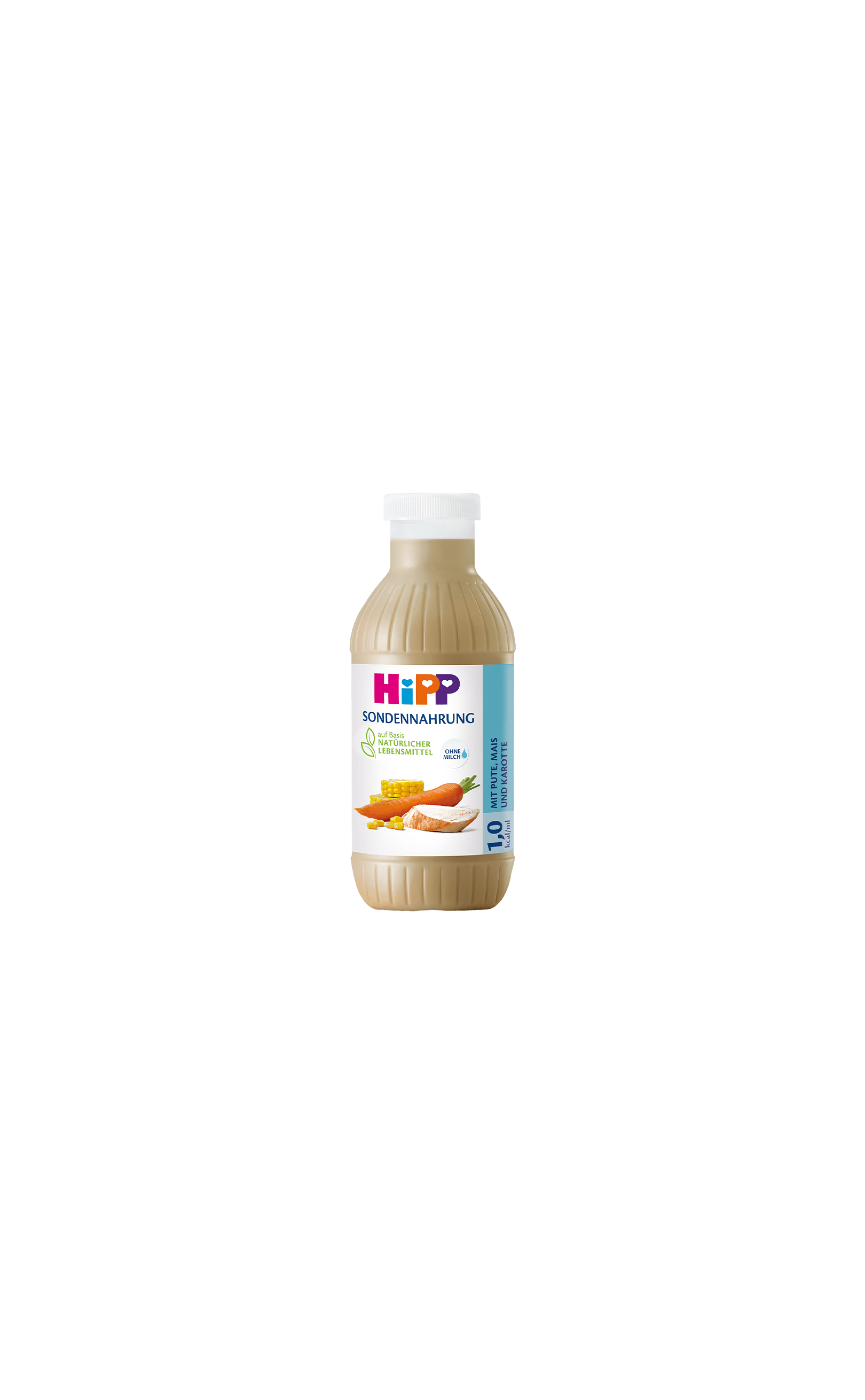 HiPP Sondennahrung 1,0 kcal/ml in Flasche mit Pute, Mais und Karotte auf weißem Hintergrund