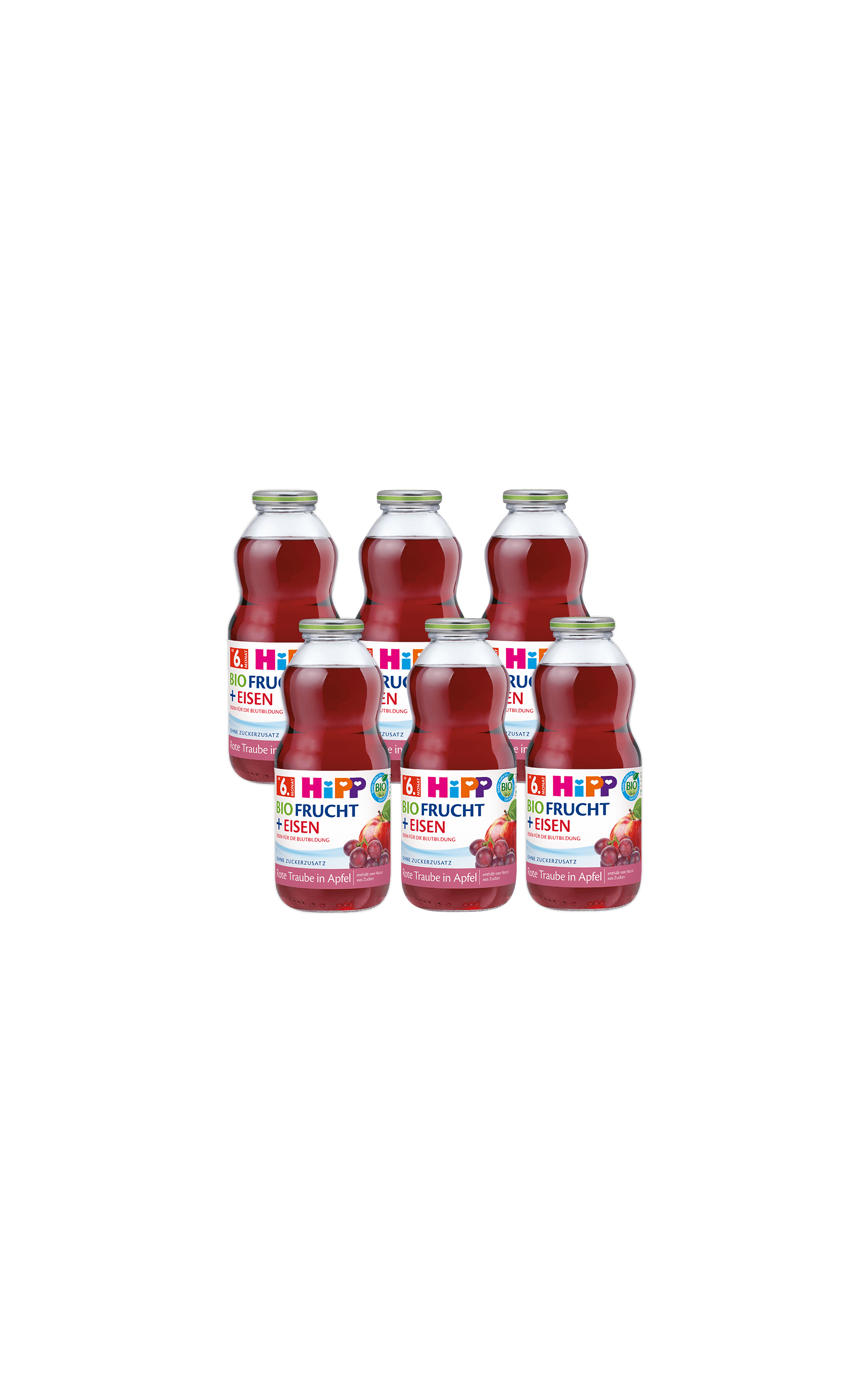 Sechserpack HiPP Bio Frucht + Eisen Saft Rote Traube in Apfel, 6x500ml Flaschen auf schwarzem Hintergrund