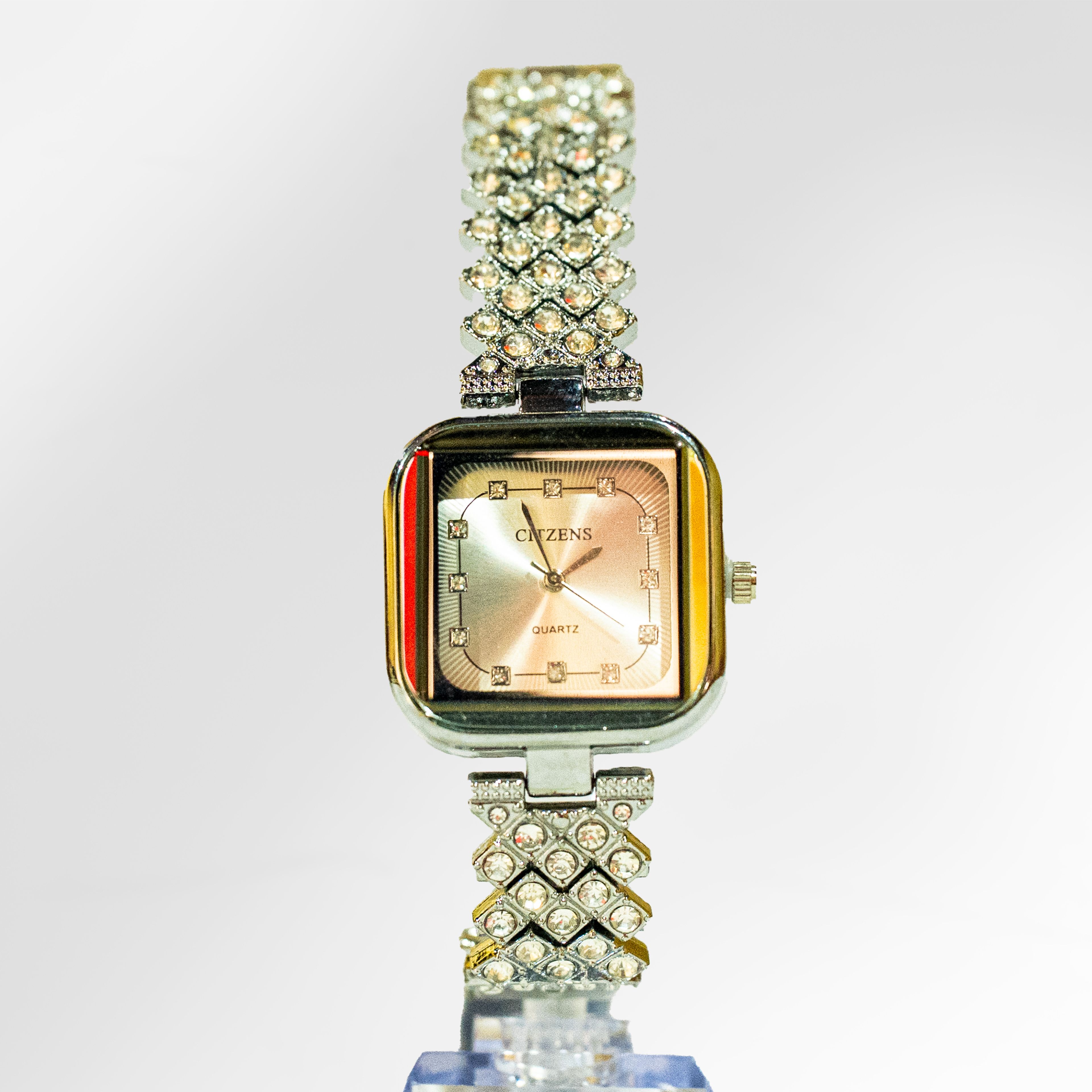 Citzens Silver Crystal Square Sunray Quartz Watch