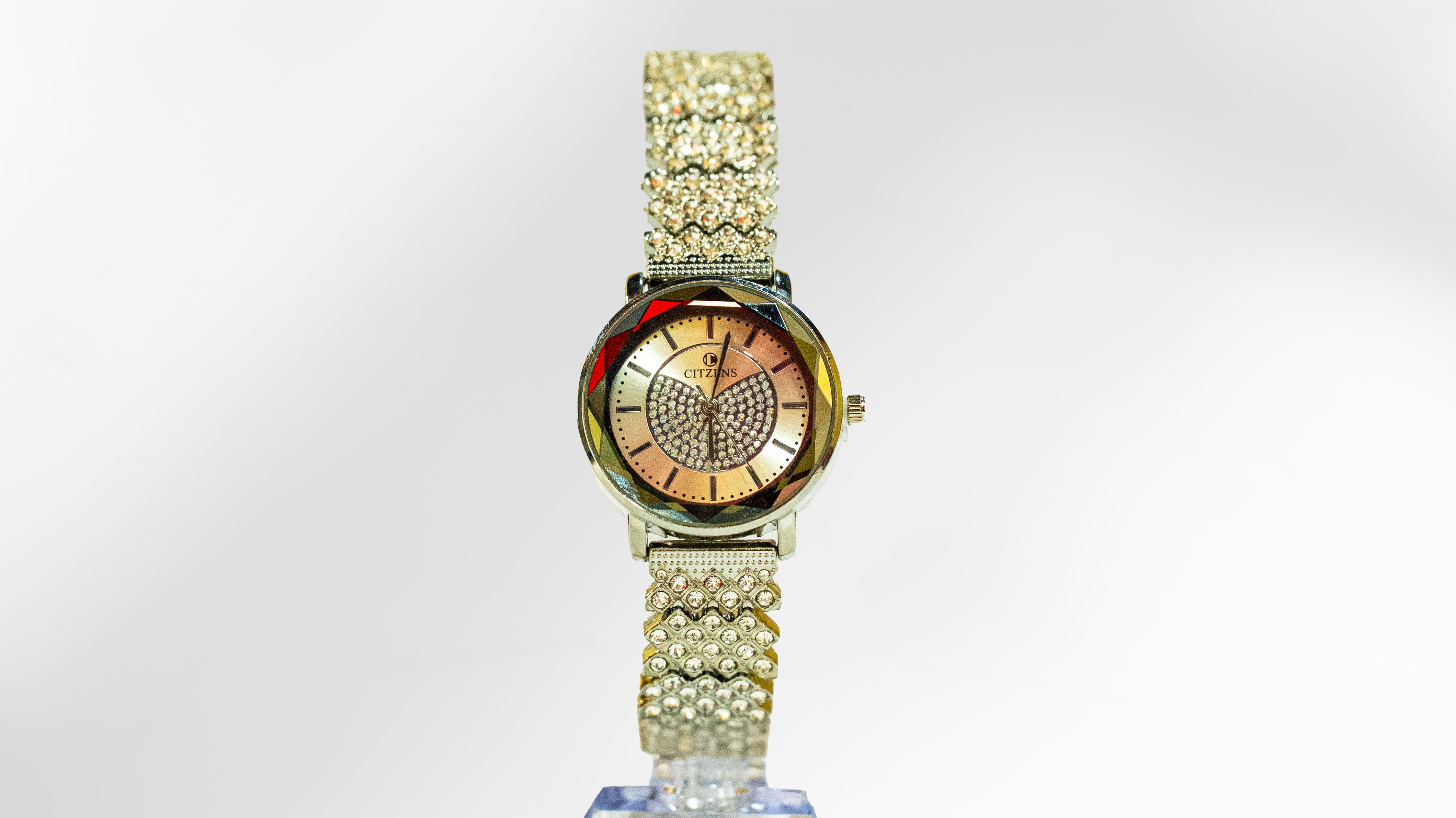 Citzens Silver Round Half-Pave Crystal Watch