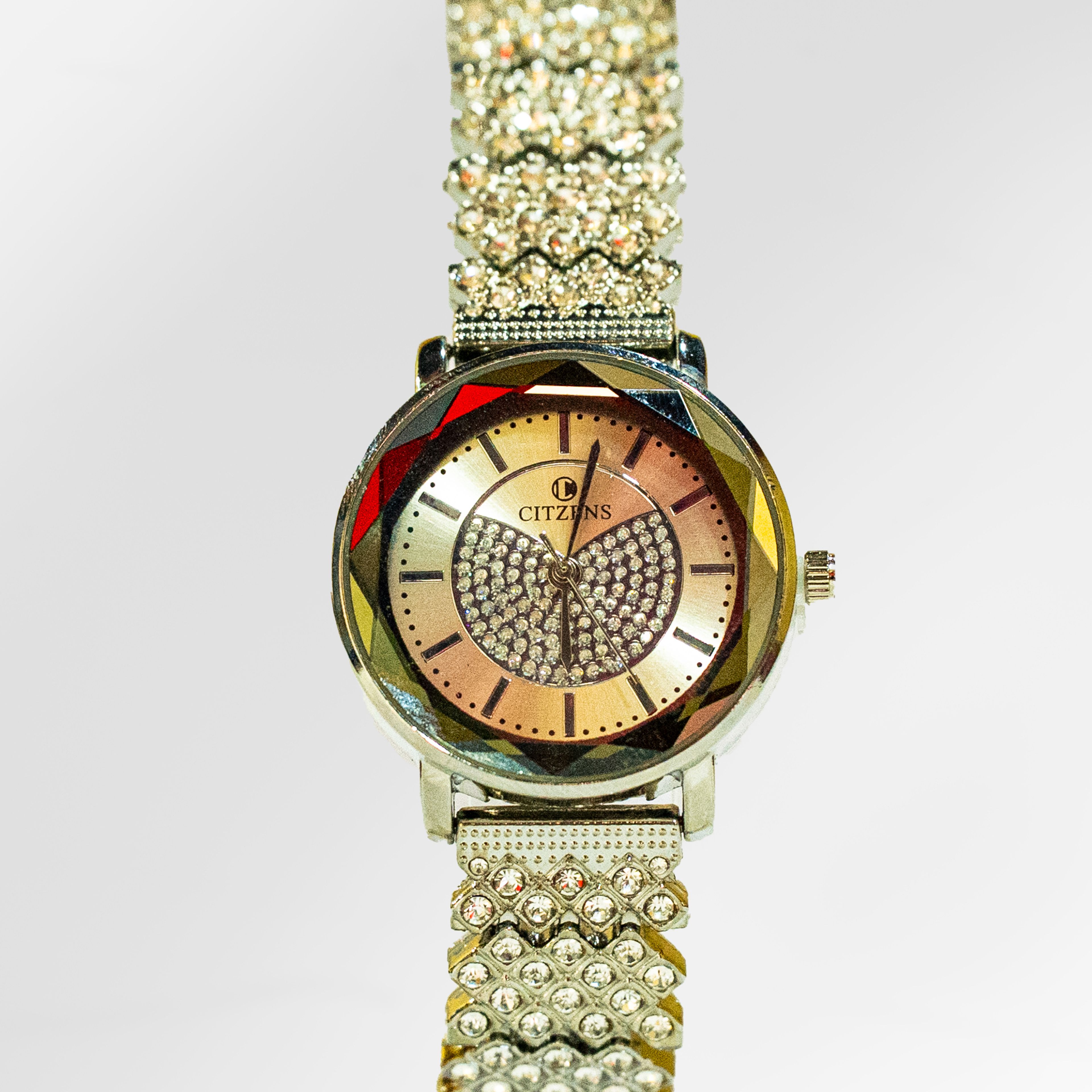 Citzens Silver Round Half-Pave Crystal Watch